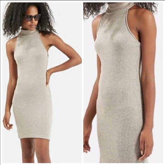 TOPSHOP Tank Turtleneck Bodycon Tan Cream Sleeveless Ribbed Sweater Mini Dress 6 - Picture 1 of 8